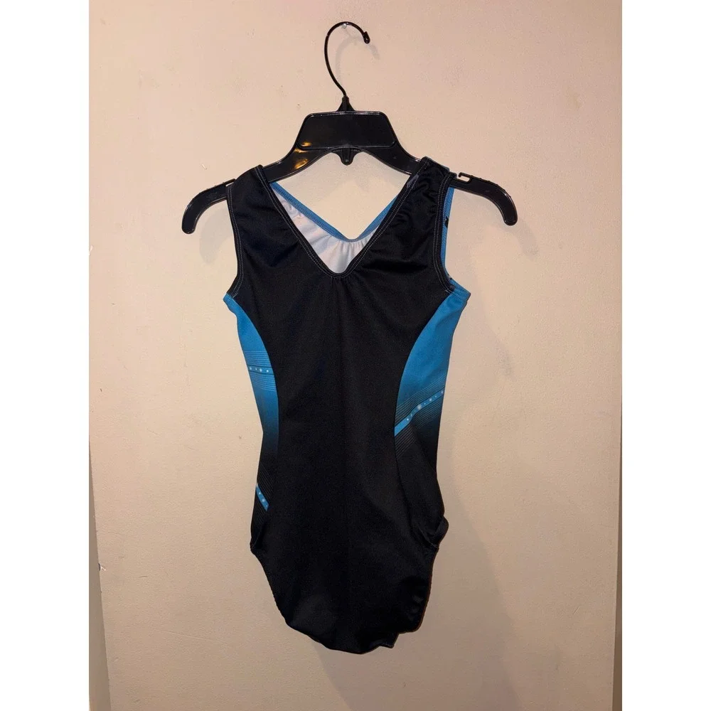 GK Elite Girls Gymnastics Leotard Blue Black Ombre Rhinestone Child Large CL